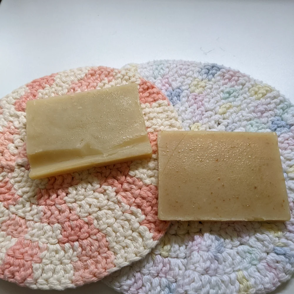 Vintage crochet circular, pastel multi and orange wash cloths with Natural Soaps